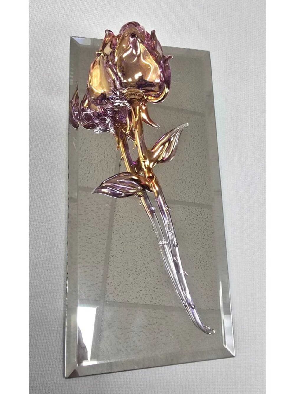 Vintage Hand-Blown Glass Rose Gold Dipped Flower Purple with Mirror Decor - Picture 2 of 10